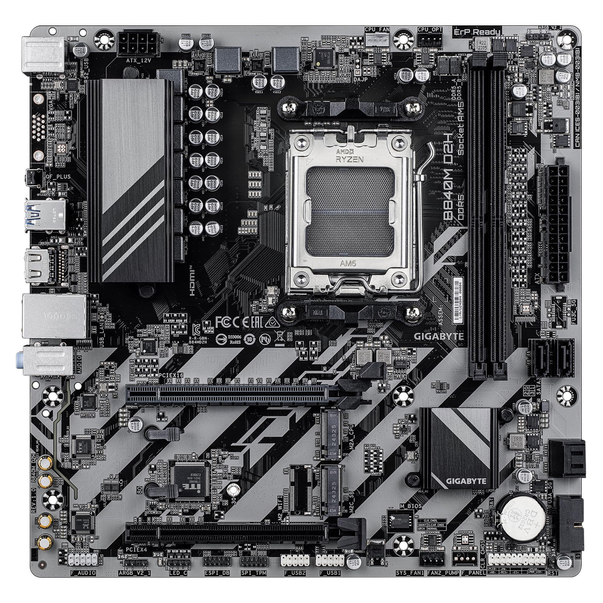 GIGABYTE B840M D2H Placa Base - Procesadores AMD Ryzen 9000, VRM de 5+2+2 Fases, hasta 7600 MHz DDR5, 1xPCIe 4.0 + 1xPCIe 3.0 M.2, LAN 2.5GbE, USB 3.2 Gen 1