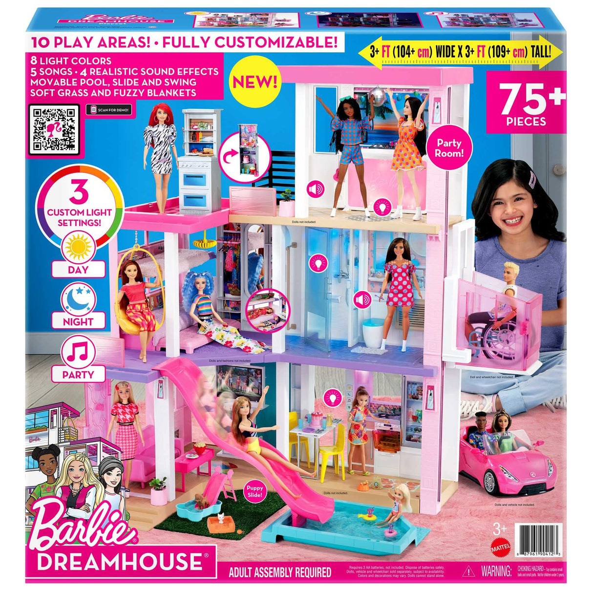 Barbie Casa de Muñecas Dreamhouse - con Piscina, Tobogán y Ascensor - Luces y Sonido - 75+ Piezas - 104 x 109 cm - Regalo para Niños de 3-7 Años, GRG93