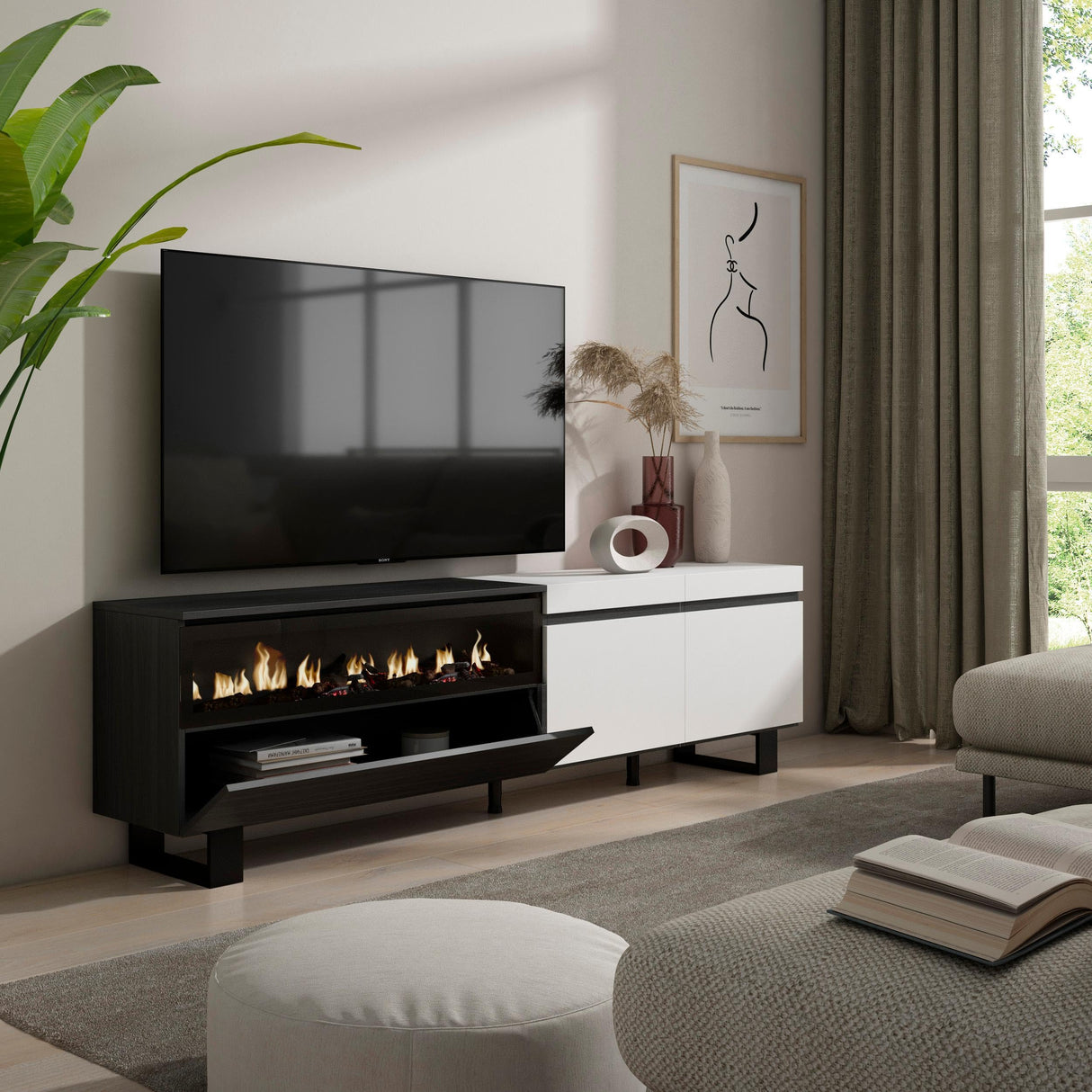 Skraut Home | Mueble TV | Televisión | Muebles de salón, almacenaje | 200x57x35cm | para TV hasta 80" | Chimenea eléctrica | Diseño Industrial | Estilo Moderno | Blanco y Negro