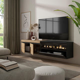 Skraut Home | Mueble TV | Televisión | Muebles de salón, almacenaje | 200x45x35cm | para TV hasta 80" | Chimenea eléctrica | Colgado, Suspendido | Estilo Moderno | Roble y Negro