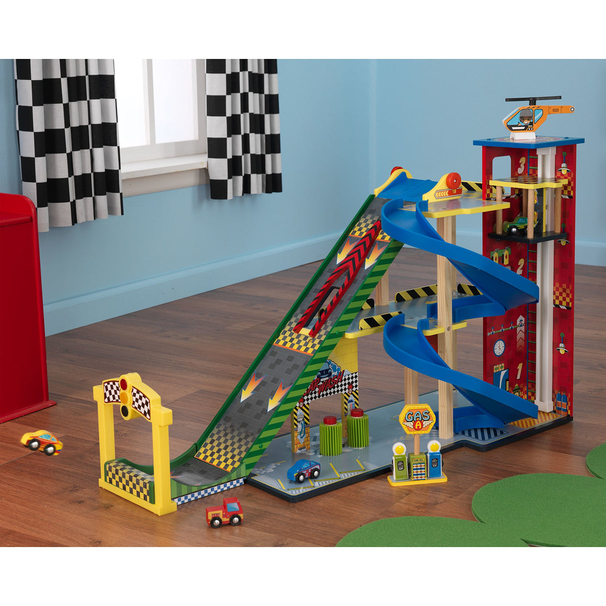 KidKraft Garaje y Pista Mega Ramp para niños 3+ años, Parking con Ascensor Funcional, gasolinera, señales de tráfico, 5 Coches de Juguete y un helicóptero (63267)