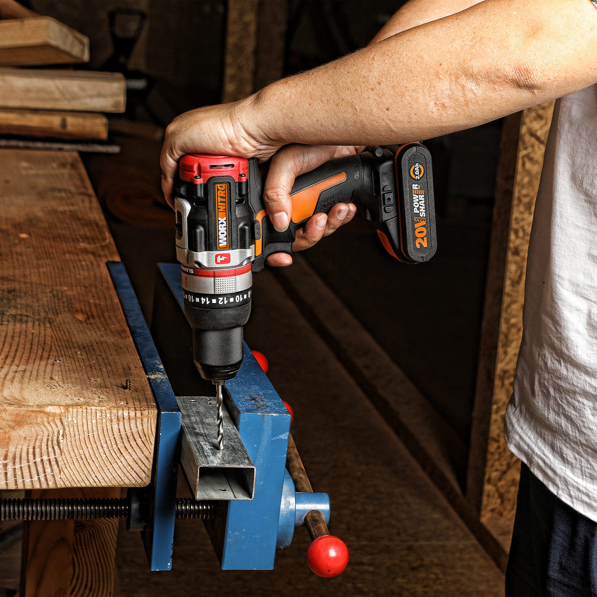 WORX Taladro Percutor Slammer Brushless 20V | PowerShare | WX354 | 2 baterías 2Ah y cargador | Perfora hormigón, motor sin escobillas, velocidad variable, ajustes de par 18+1+1 | Percusión activa