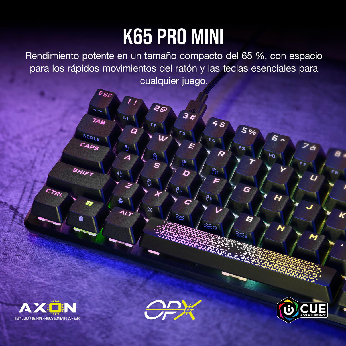 Corsair K65 PRO MINI RGB 65% Optical-Mechanical Wired Gaming Keyboard - Interruptores OPX - Teclados PBT Double-Shot - Compatible con iCUE - PC, PS5, PS4, Xbox - QWERTY ES - Negro