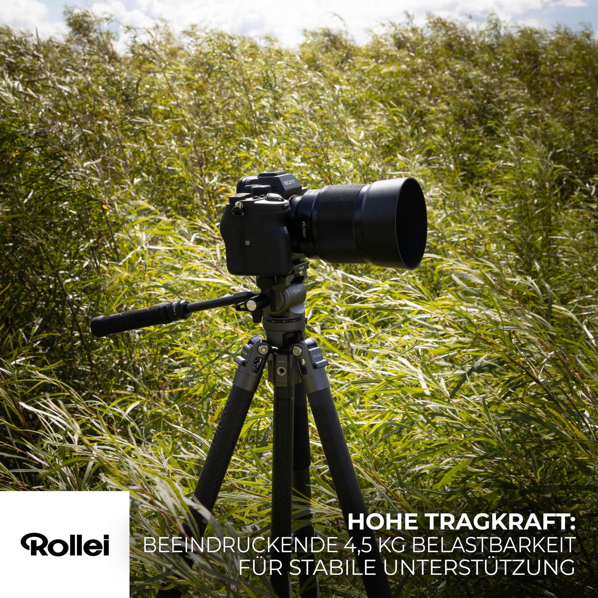 Rollei Easy Traveler Video - Trípode de Carbono (Capacidad de Carga de 4,5 kg, Altura de 164 cm, Ultraligero, Compacto, función de Bloqueo)