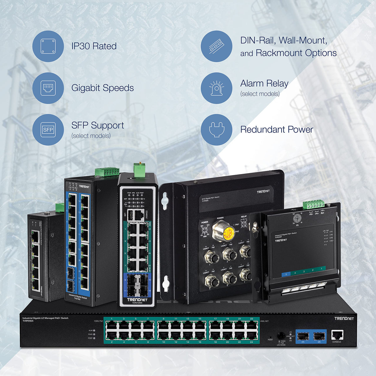TRENDnet, TI-G162, Switch DIN-Rail Gigabit Industrial de 16 Puertos, 14 Puertos Gigabit, 2 Ranuras SFP Gigabit, Capacidad de conmutación de 32 Gbps