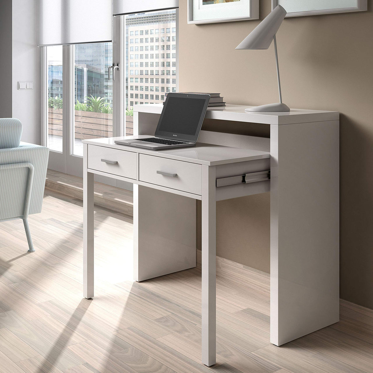 Habitdesign Mesa Escritorio Extensible, Mesa Estudio, Consola, Color Blanco Artik, Medidas: 98,5 cm (Largo) x 36-70 cm (Fondo) x 87,5 cm (Alto)