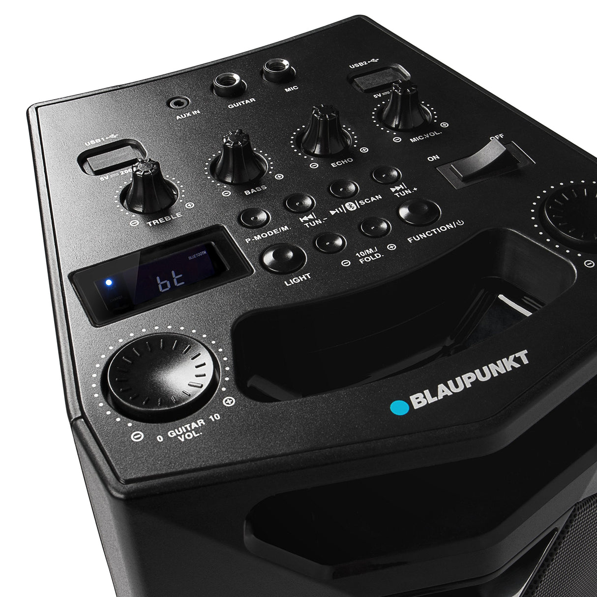 Blaupunkt PS 500 - Altavoz de Fiesta con batería integrada, 40 W RMS, Bluetooth, USB, Entrada Auxiliar, Radio FM, Entrada de Guitarras y micrófono, función de Eco, Caja de música con Efecto de luz,