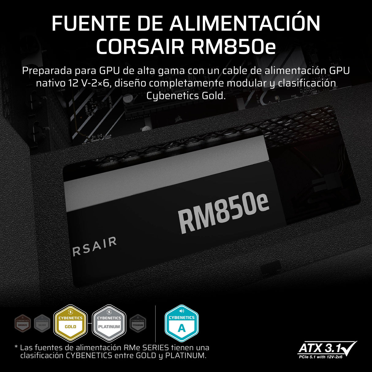 CORSAIR RM850e (2025) Fuente de alimentación ATX Totalmente Modular de bajo Ruido con Cable de 12V-2x6 - Compatible con ATX 3.1 y PCIe 5.1, eficiencia Cybenetics Gold, condensadores a 105°C - Negro