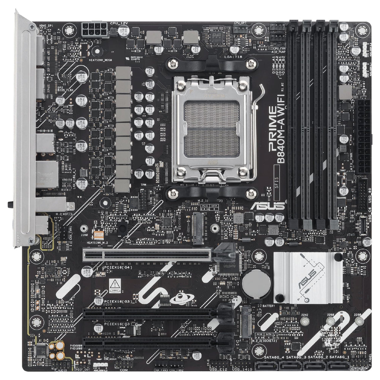 ASUS Prime B840M-A WiFi - Placa Base AMD B840 mATX, DDR5, PCIe 4.0 Ready, Tres Ranuras M.2, Wi-Fi 6E, Realtek 2.5Gb Ethernet, DisplayPort, HDMI, USB Tipo-C 5 Gbps, BIOS Flashback, Aura Sync