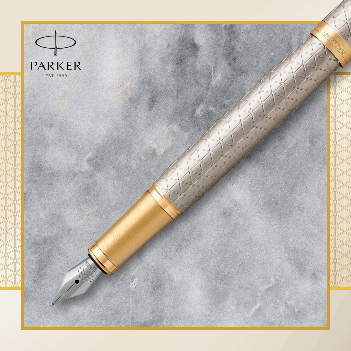 PARKER IM, pluma estilográfica de color plateado cálido Premium, con plumín fino y recambio de tinta azul (1931684)