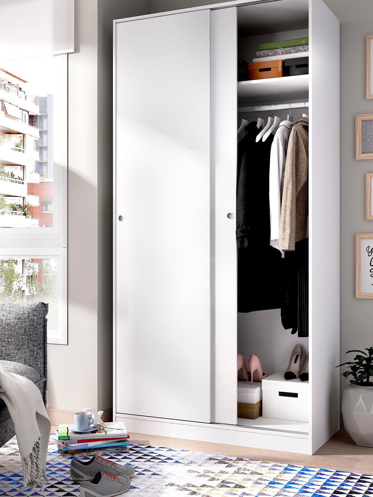 DEKIT GRUPO RIMOBEL Armario 2 Puertas correderas, Madera de ingeniería, Blanco Brillo, 100x204x50cm