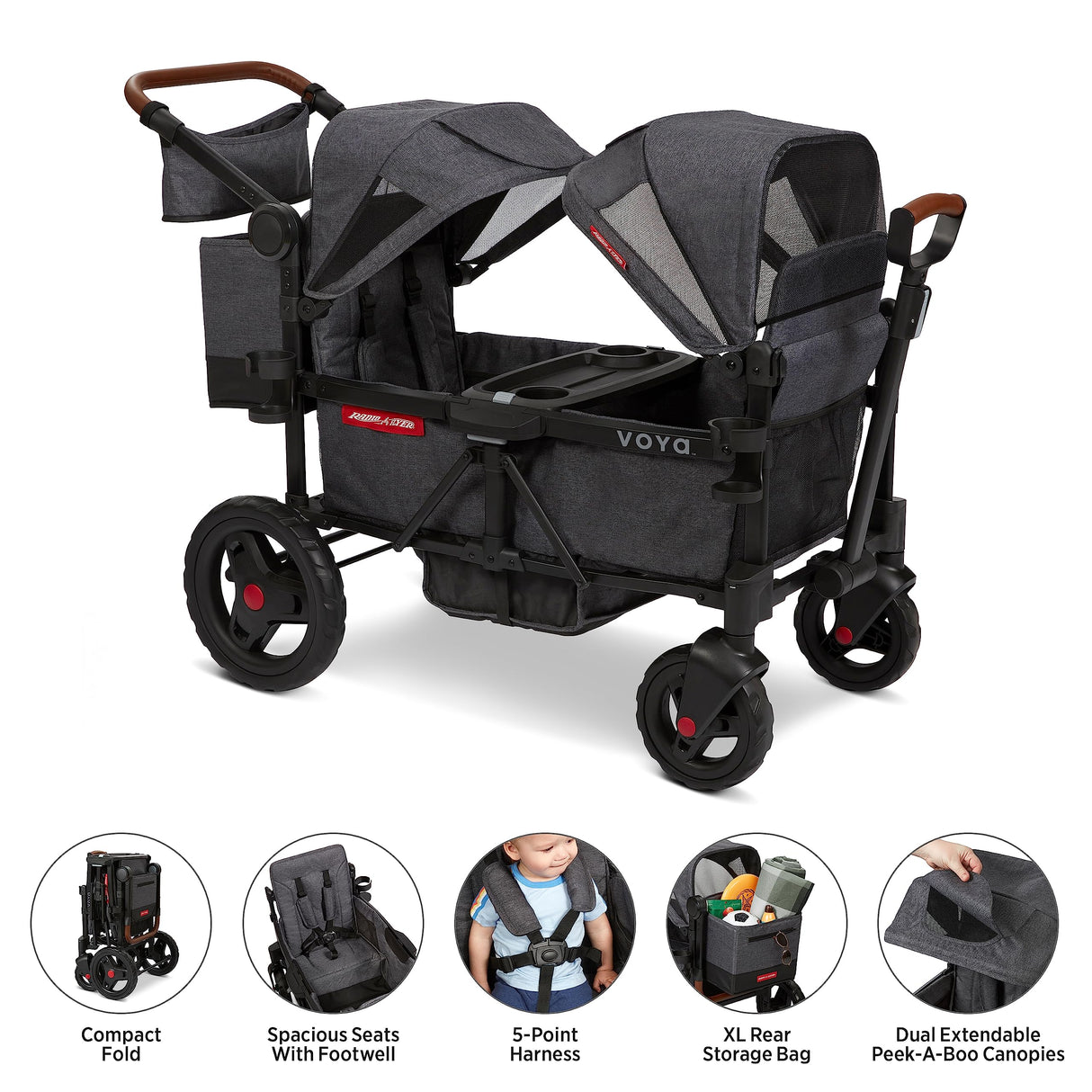 Radio Flyer Voya Stroller Wagon, Cochecito Doble, 2 Asientos Altos Cara a Cara, toldo Ajustable con protección UV, Bandeja para Aperitivos, Gris
