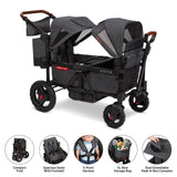 Radio Flyer Voya Stroller Wagon, Cochecito Doble, 2 Asientos Altos Cara a Cara, toldo Ajustable con protección UV, Bandeja para Aperitivos, Gris