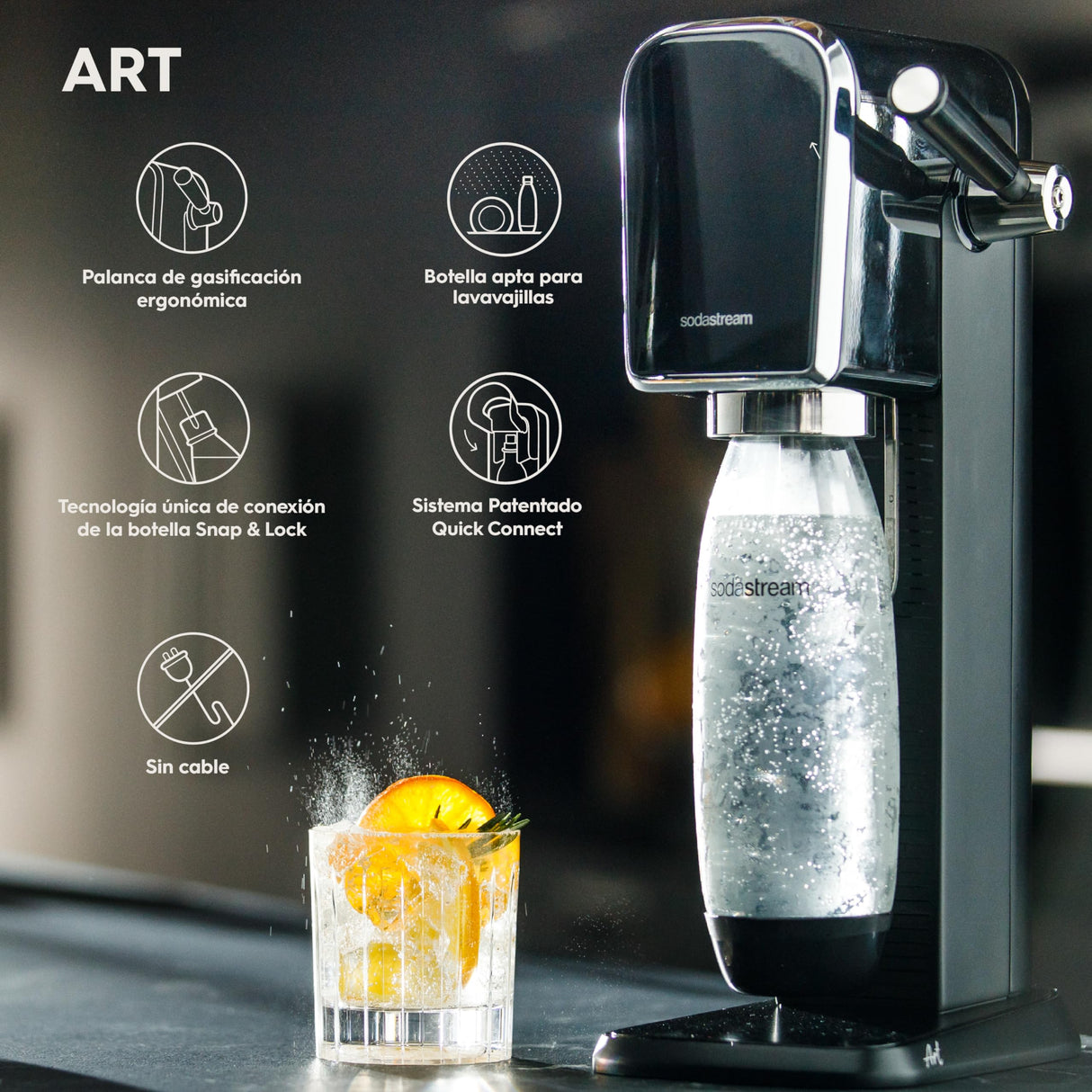 SodaStream Art - Máquina Gasificadora de Agua, con 1 Botella Fuse de 1 L de Plástico Reutilizable y 1 Cilindro de Gas Quick Connect, Hasta 60L de Agua con Gas, Diseño Elegante, Uso Fácil, Color Negro