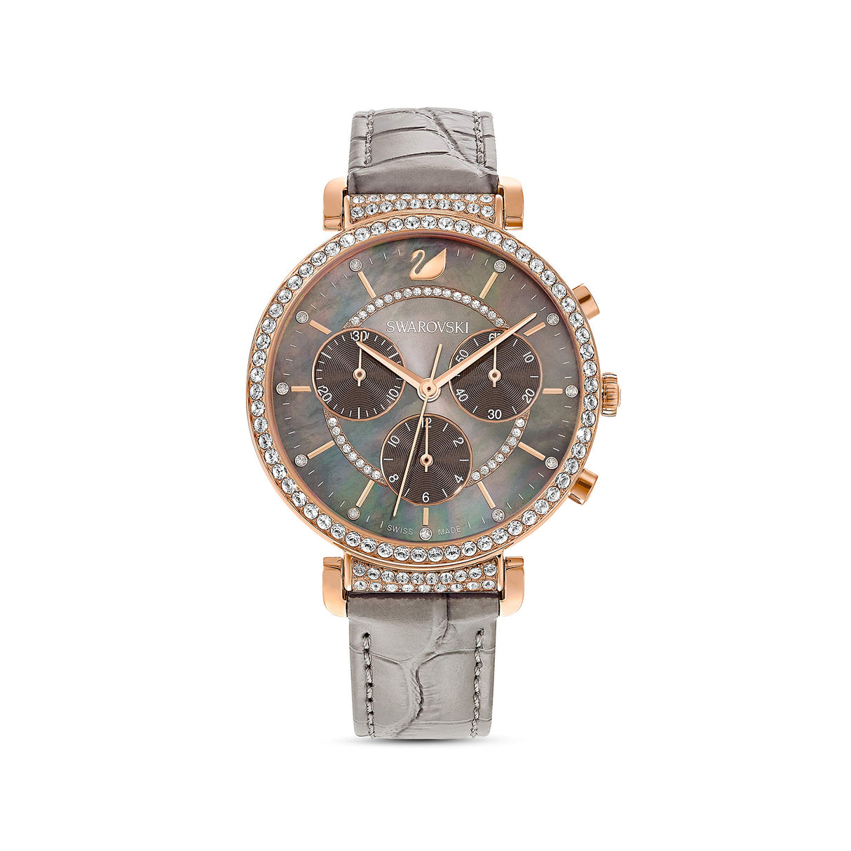 Swarovski Reloj Passage Chrono, Correa de Piel, Gris, Pvd Tono Oro Rosa