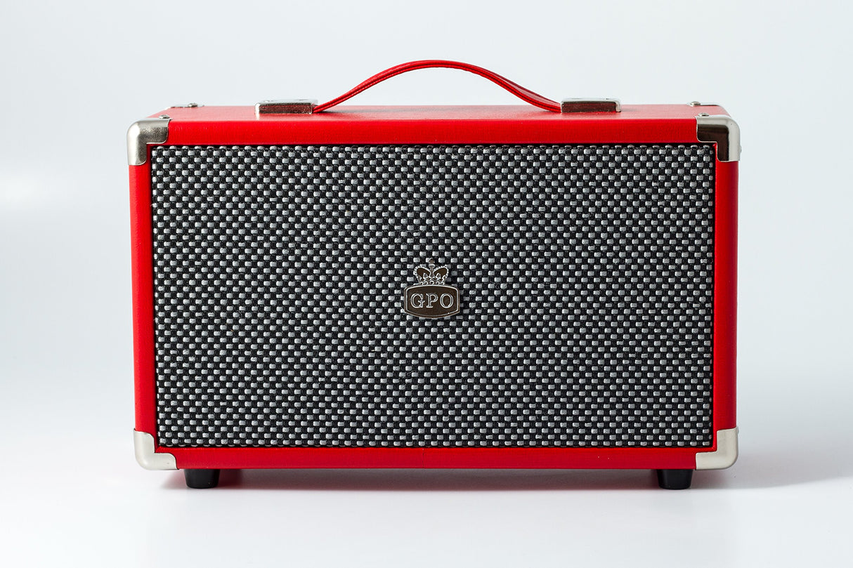 GPO Westwood Altavoz Bluetooth - Portátil, Retro, 25 vatios, subwoofer, entrada RCA, rejilla retro, asa de transporte - Rojo