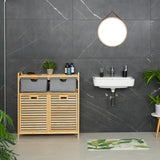 Relaxdays Estantería Baño con 2 Cestos Ropa Sucia, Basculante, 40 L, Balda y 2 Cajones, Bambú, 95x88x33 cm, Natural/Gris, Poliéster