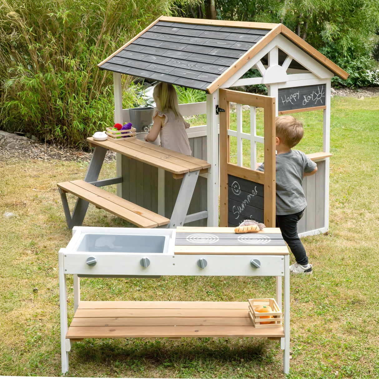 roba Ampliación de Cocina para casa de Juegos – Cocina Infantil al Aire Libre Blanco y marrón con Barbacoa y Placas de cocción – Accesorios para casa de Juegos de jardín a Partir de 18 Meses – con