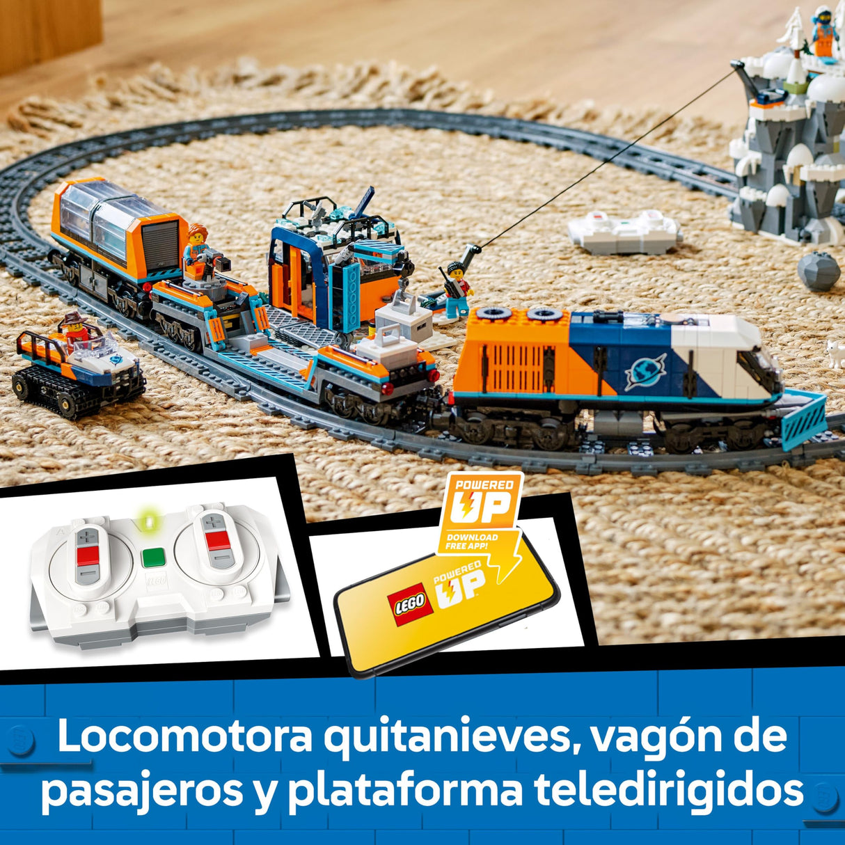 LEGO City Tren Expreso Polar Ártico de los Exploradores - Tren de Juguete Teledirigido - Quitanieves, 22 Tramos de Vías, 6 Minifiguras y Caída de Rocas - Regalo para Niños y Niñas de 7+ Años 60470