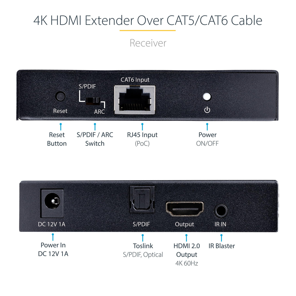 StarTech.com Extensor Alargador HDMI 4K por Cable CAT5/CAT6 Ethernet - Extensor de Vídeo 4K 60Hz HDR hasta 70m - Salida de Audio S/PDIF - Juego Kit de Transmisor y Receptor HDMI (4K70IC-EXTEND-HDMI)