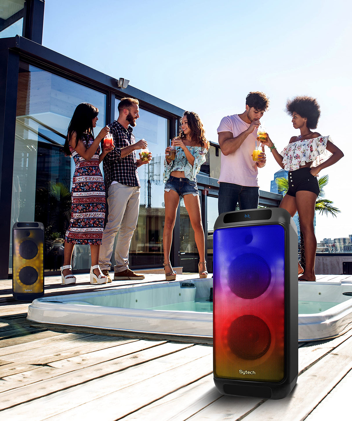Sytech Altavoz Serie ledflow, 2 x 6,5", 60w. rms, RGB Flame, Recargable, USB, TF, FM, TWS