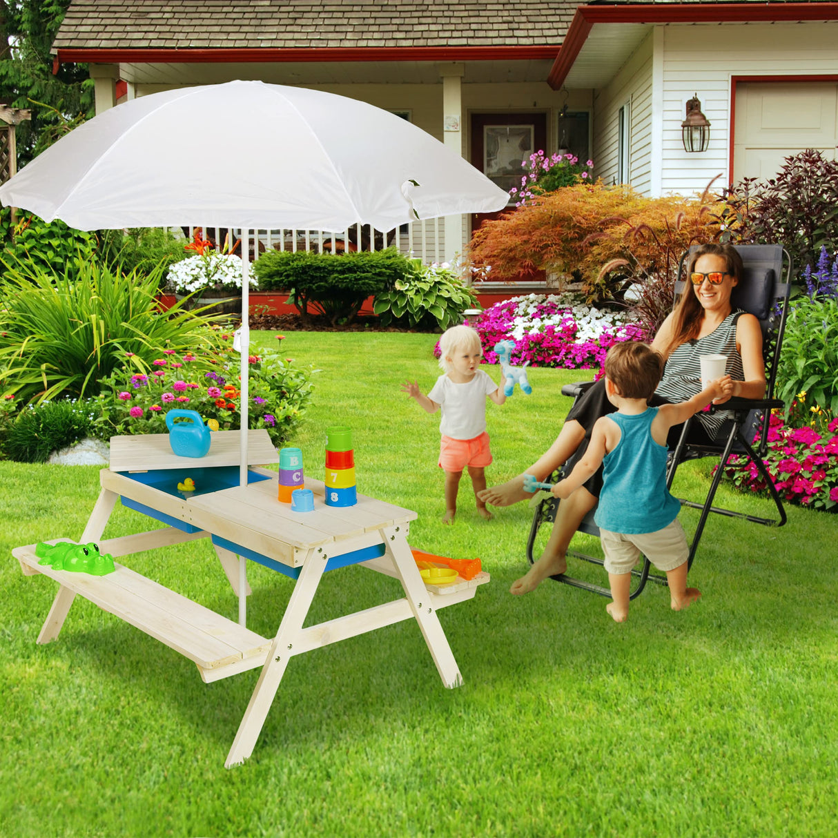Relaxdays Grupo Mesa Pícnic Infantil con Sombrilla, Mesita Niños con 2 Bancos Madera, para Juegos con Arena y Agua, Blanca, Poliéster, 49 x 86 x 92,5 cm