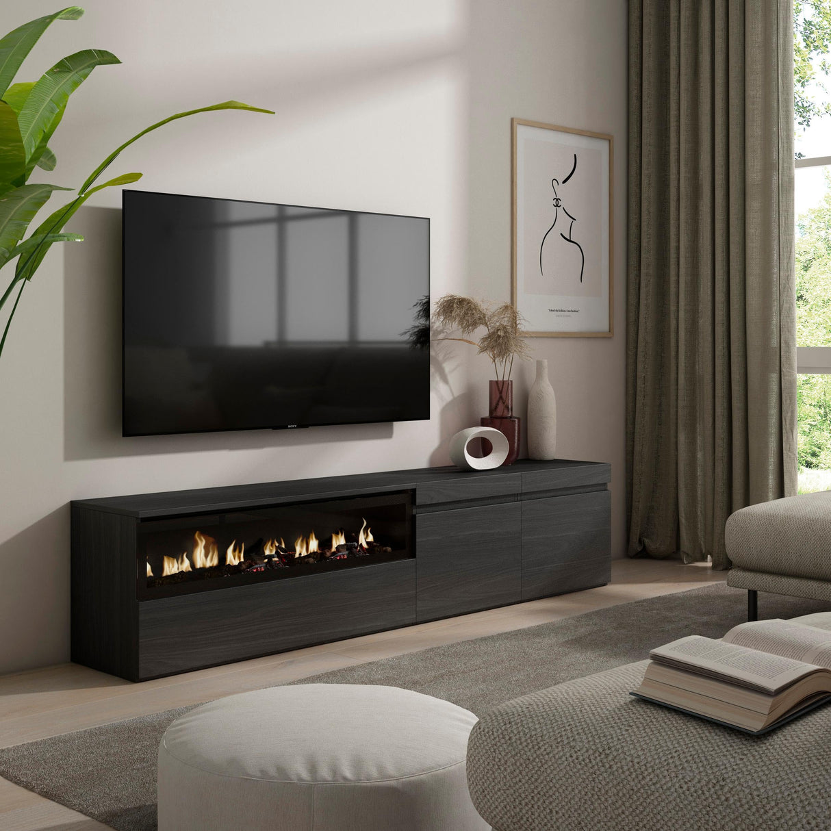 Skraut Home | Mueble TV | Televisión | Muebles de salón, almacenaje | 200x45x35cm | para TV hasta 80" | Chimenea eléctrica | Estilo Moderno | Negro