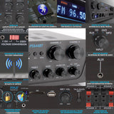 Pyle Amplificador de Audio, Inalambrico, Bluetooth, Estereo, 4 Canales, Entrada de microfono, AUX, Salida del Altavoz del subwoofer RCA, USB, Potencia Maxima de 500W a 4-8 ohmios