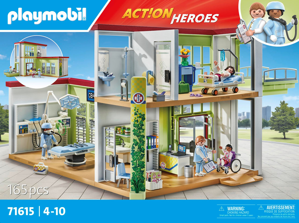 PLAYMOBIL Action Heroes 71615 Hospital Moderno, con Cuatro Figuras y Equipo médico, Hecho de más del 80% de Materiales reciclados y de Base biológica, Juguetes para niños y niñas a Partir de 4 años