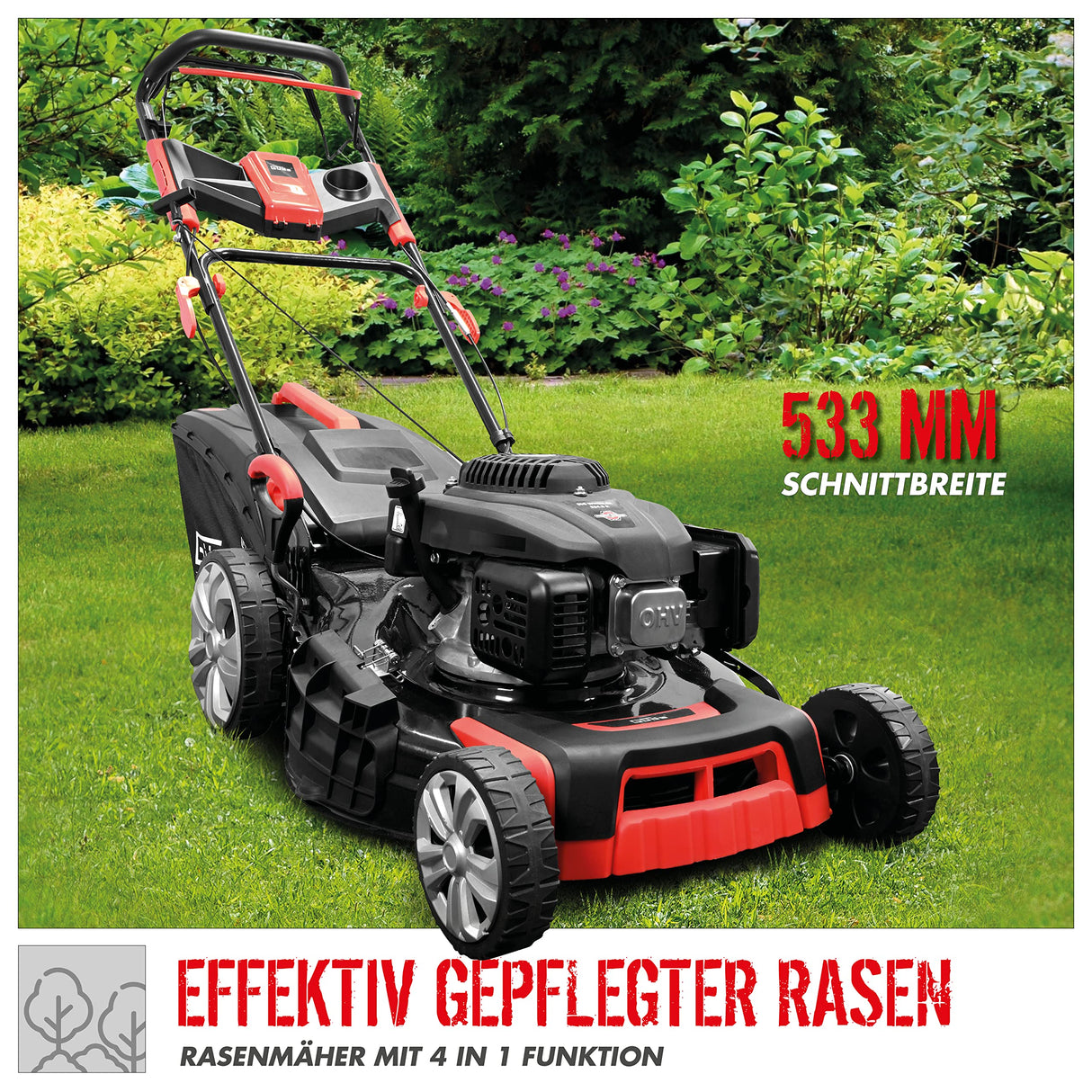 Güde Cortacésped Big Wheeler 534.2 R (Motor: Motor de 4 Tiempos S 592 V, Potencia del Motor: 3,5/4,8 kW/CV, Ancho de Corte: 53,3 cm, tracción a la Rueda, Bolsa de Hierba de 60 l, Ajuste de Altura de