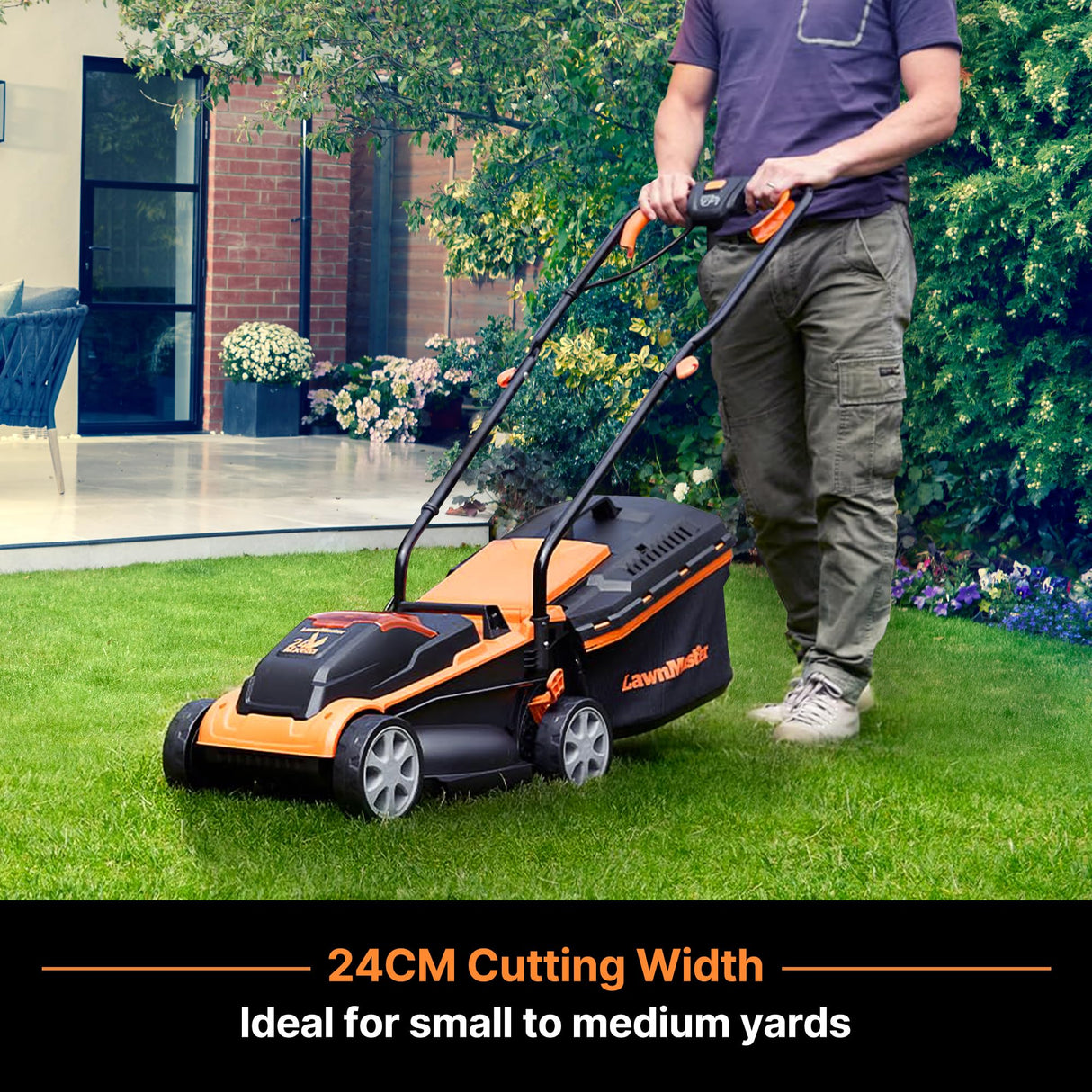 LawnMaster CLM2432K Cortacésped de cortacésped 24V 32 cm de Ancho de Corte, 150 m², Altura de Corte 25-65mm, Incluye batería de 4,0 Ah + Cargador