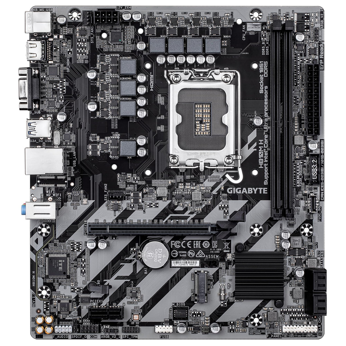 GIGABYTE H810M H Placa Base - Procesadores Intel Core Ultra (Serie 2), VRM de 4+1+2 Fases, hasta 6400 MHz DDR5, 1xPCIe 4.0 M.2, LAN 1GbE, USB 3.2 Gen 1