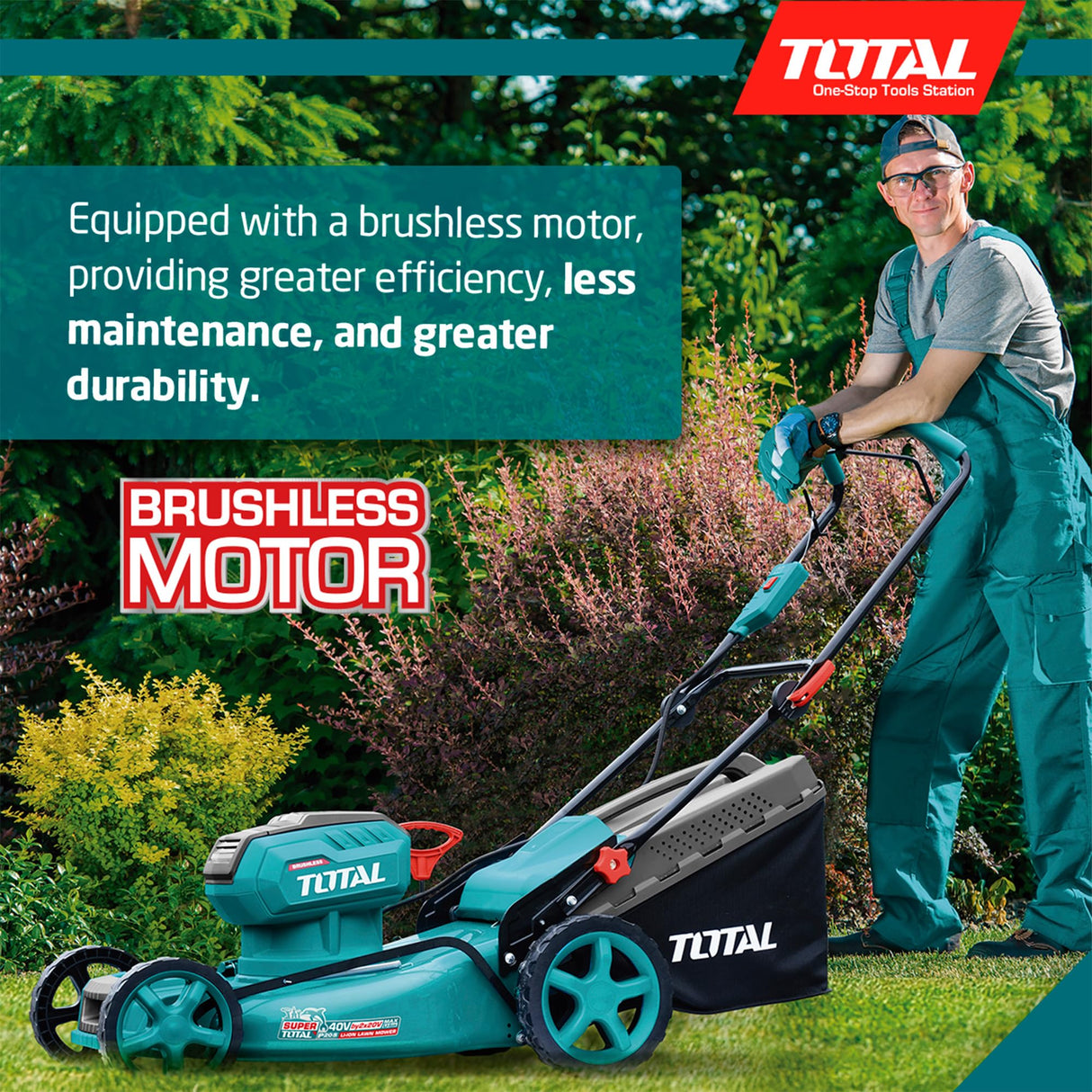 TOTAL - Cortacésped Brushless A Batería | Batería de 40V de Larga Duración | Incluye 2 Baterías y Cargador Rápido Doble | Fácil de Montar |con Ajuste de Altura | Cómodo de Manejar