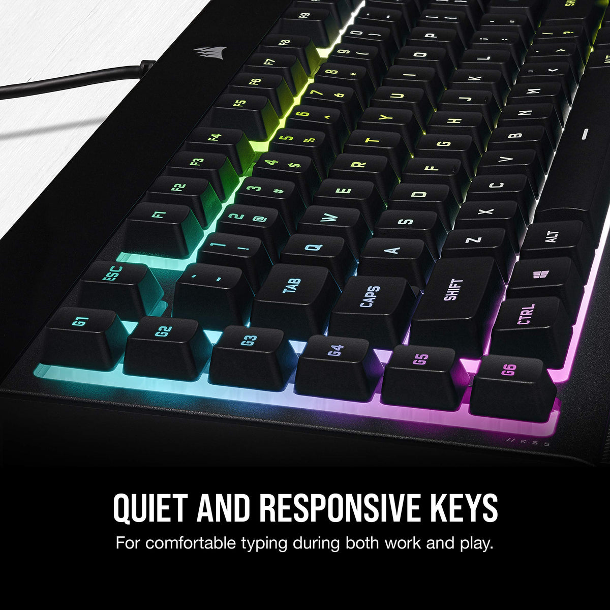 CORSAIR K55 RGB PRO XT Membrana Teclado para juegos con cable, IP42, resistente al polvo y a derrames, 6 teclas macro con integración Elgato, compatible con iCUE, QWERTY UK, PC, Mac, Xbox, color negro