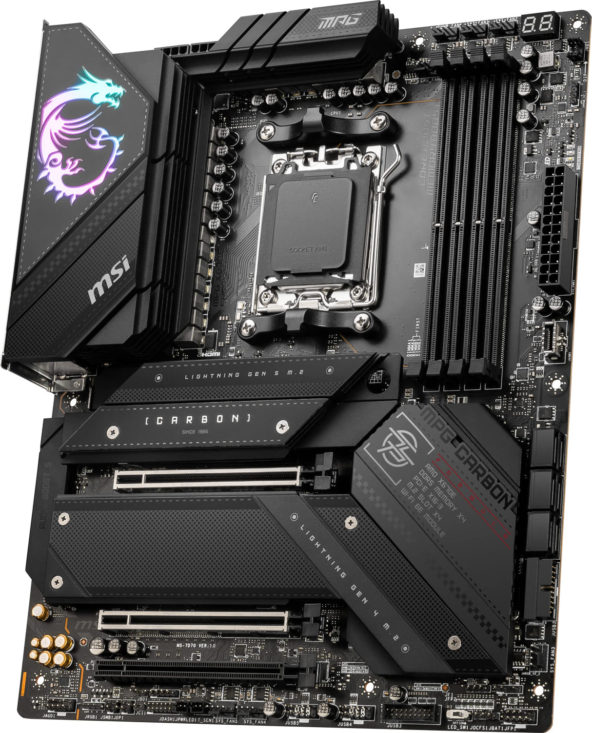 MSI MPG X670E CARBON WiFi Placa Base, ATX - Admite Procesadores AMD Ryzen Serie 7000, AM5 - 18 Duet Rail 90A Power Stage, DDR5 Memory Boost 6000+MHz/OC, 2 x PCIe 5.0 x16, 2 x M.2 Gen5, WiFi 6E