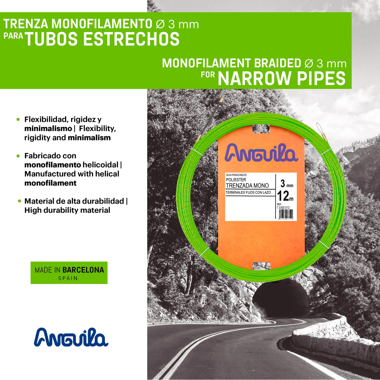 Anguila Max 7.3300.012 Guía pasacables Especial Tubos Poliéster Trenzada Monofilamento 3mm 12 Metros y terminales Fijos con Lazo, Verde