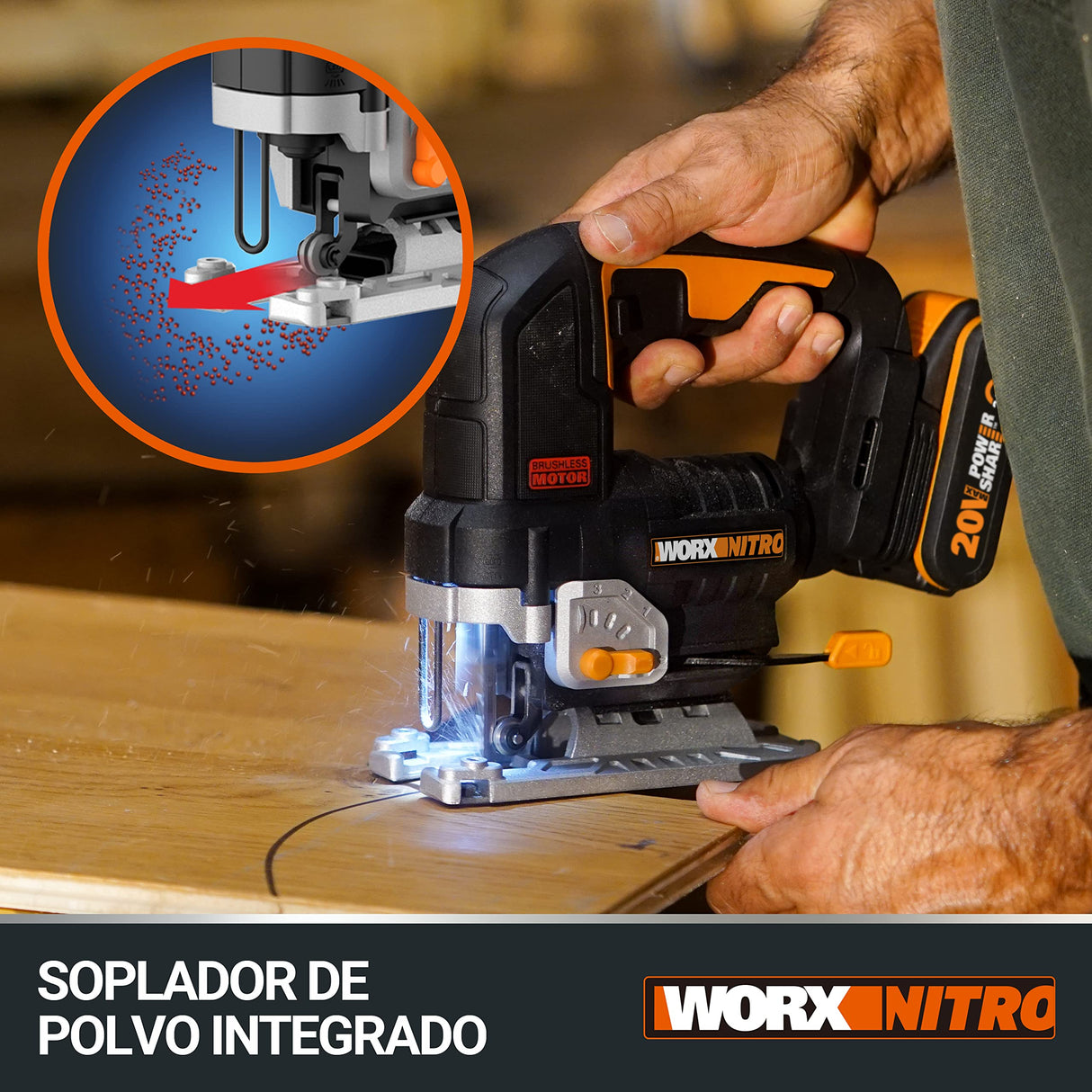WORX Sierra de calar 20V | Power Share| WX542 Potente motor sin escobillas |1 batería de 2Ah, cargador y maletín | 3 posiciones, penduleo y tubo de aspiración