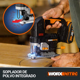WORX Sierra de calar 20V | Power Share| WX542 Potente motor sin escobillas |1 batería de 2Ah, cargador y maletín | 3 posiciones, penduleo y tubo de aspiración