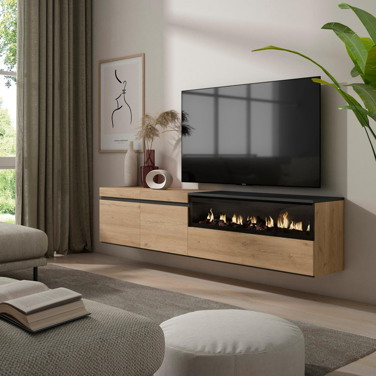 Skraut Home | Mueble TV | Televisión | Muebles de salón, almacenaje | 200x45x35cm | para TV hasta 80" | Chimenea eléctrica | Colgado, Suspendido | Estilo Moderno | Roble y Negro