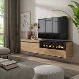 Skraut Home | Mueble TV | Televisión | Muebles de salón, almacenaje | 200x45x35cm | para TV hasta 80" | Chimenea eléctrica | Colgado, Suspendido | Estilo Moderno | Roble y Negro