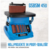 Güde GSBSM 450 - Lijadora de banda de husillo (450 W, 2000 1/min, oscilante, para superficies interiores y exteriores, sin herramientas, mesa regulable de 0° a 45°, incluye numerosos accesorios)