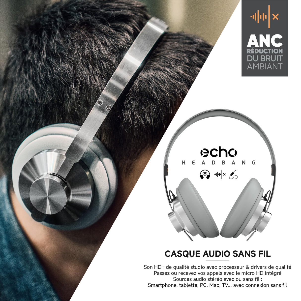 ECHO Head Band - Auriculares de Audio inalámbricos ANC, Color Gris Metal, reducción de Ruido Activa, diseño de Arco, Calidad de Sonido Premium