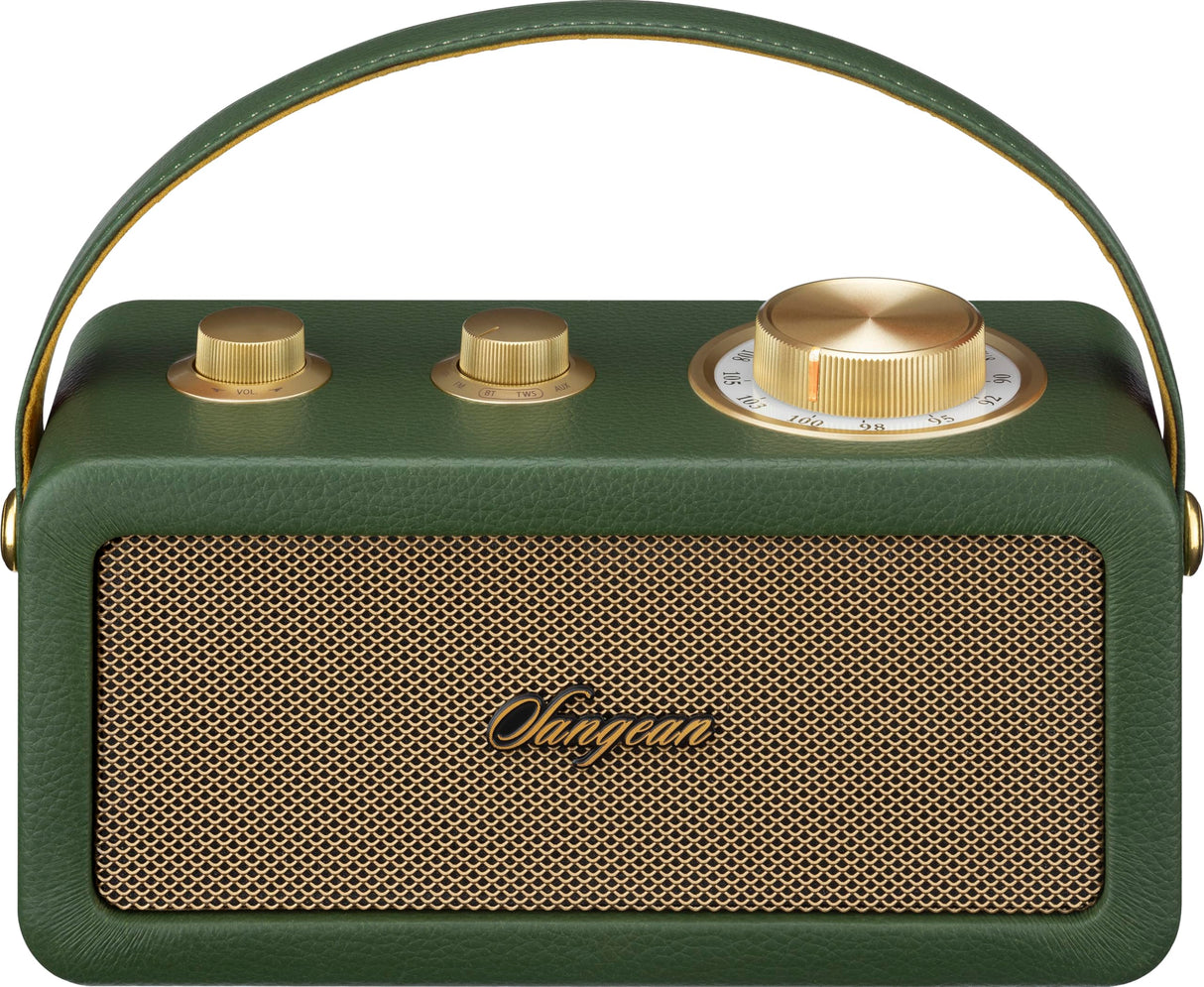 SANGEAN RA-101 Forest Gold/Altavoz PORTÁTIL. Diseño Retro de Madera y Piel sintética. Bluetooth 5.0. Autonomía 19 Horas con una Carga Completa. AUX-in para Fuentes de Audio externas.