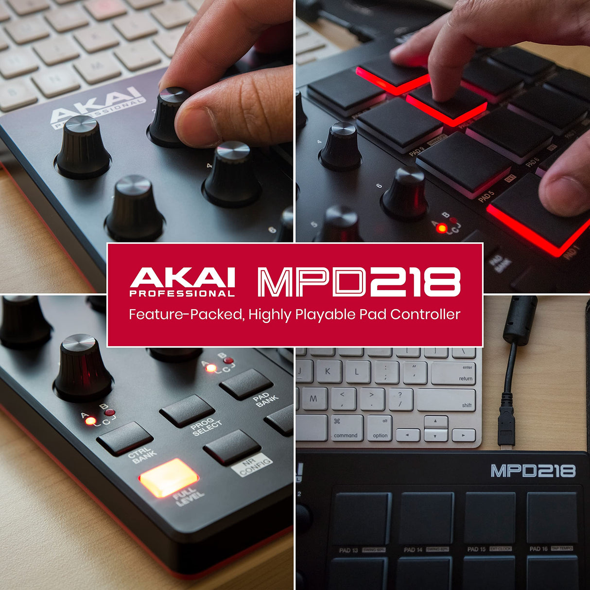 AKAI Professional MPD218 - Controlador de pad MIDI/máquina de pad de percusión/creador de ritmos con 16 pads, controles asignables, software de producción incluido