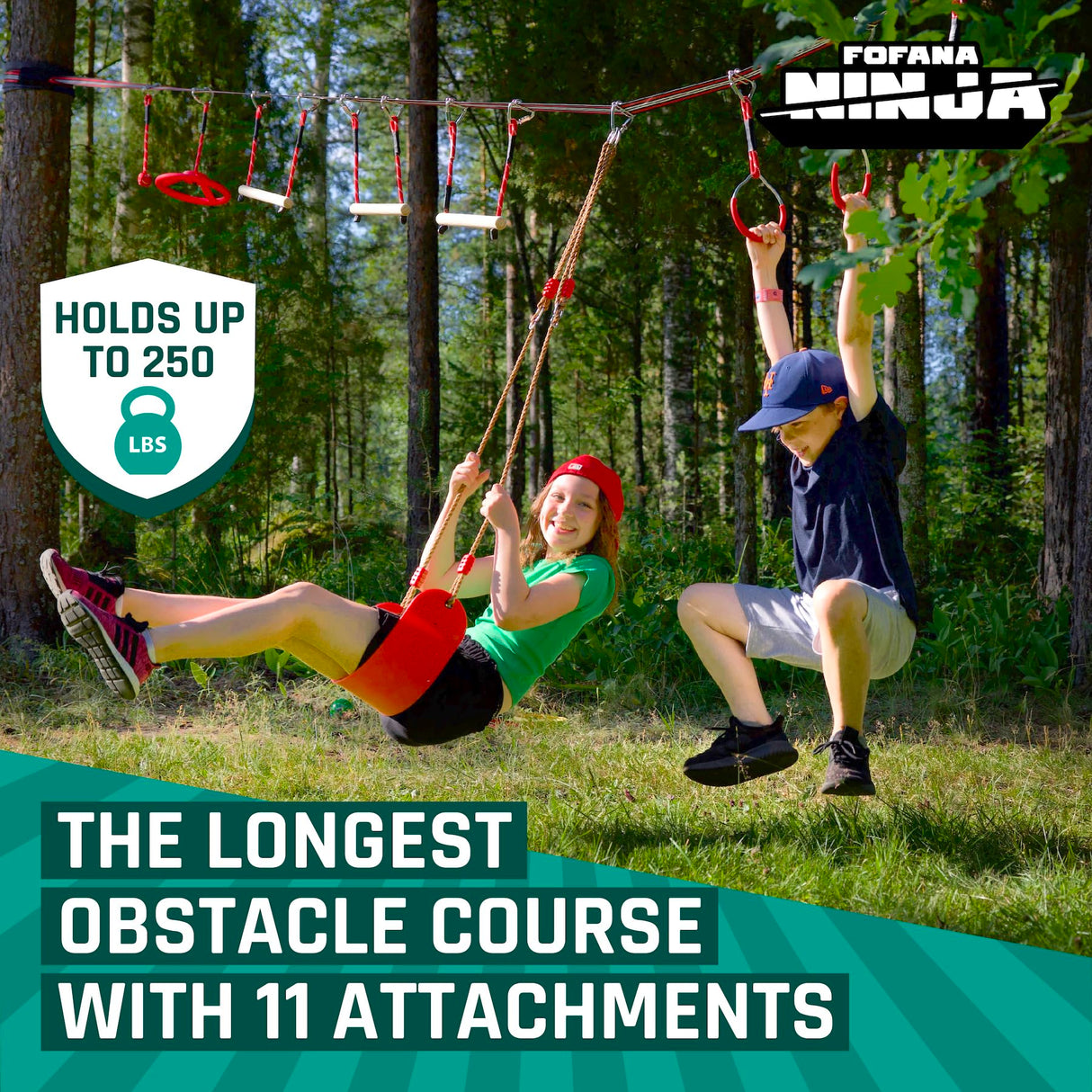 Ninja Warrior Obstacle Course for Kids Outside 19.8 Meters - Ninja Slider Included - Largest 11 Ninja Course Obstacles - Climbing Ladder, Spinning Wheel, Gym Ring