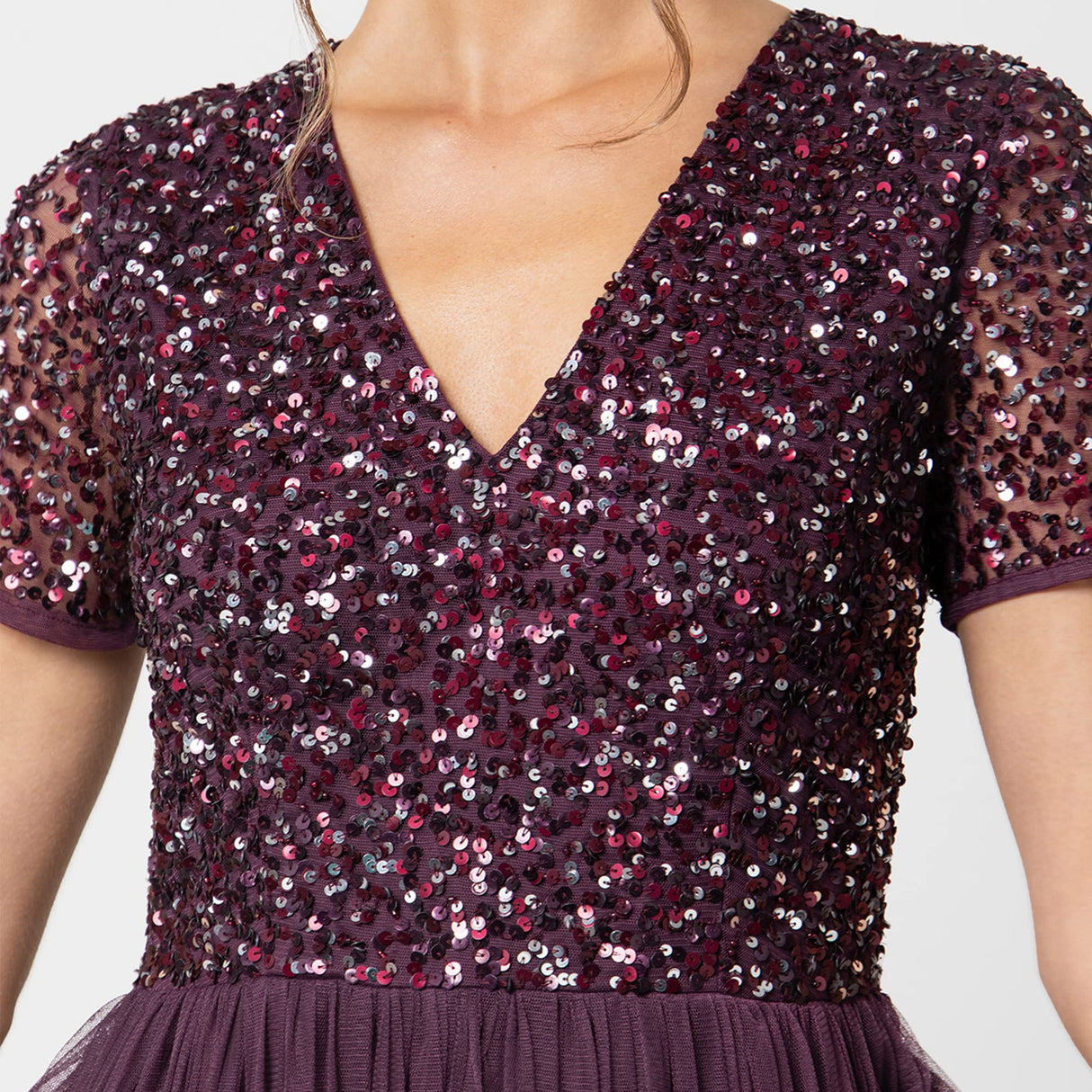 Maya Deluxe Vestido de Noche Midi Adornado para Mujer, Cuello En V con Manga Corta para Baile de Graduación Y Boda Dama de Honor, Frutas del Bosque, 48