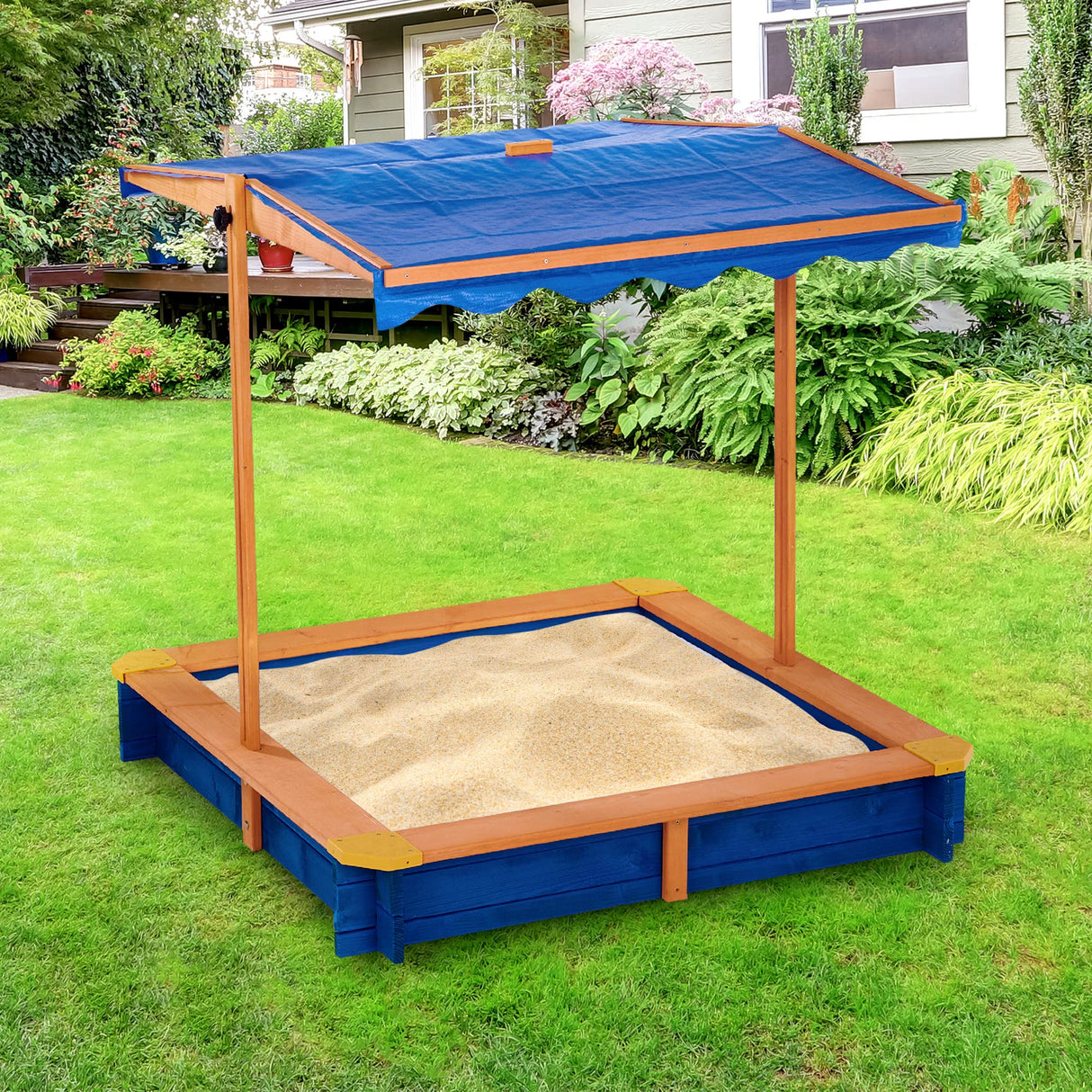 Teamson Kids Arenero Grande de Madera para Exteriores con Tapa, Toldo Giratorio y Altura Ajustable, Juguete de Arena de Jardín con Cubierta para Niños y Niñas