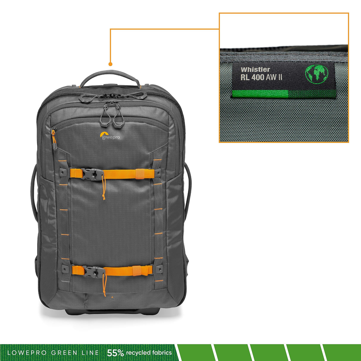 Lowepro Whistler RL 400 AW II, Maleta con Ruedas Fotográfica con Tejido Reciclado, Ruedas Resistentes, Todos los Clima, Cámara Profesional, Espacio para Portátil de 15", Cámara Mirrorless/DSLR, Gris