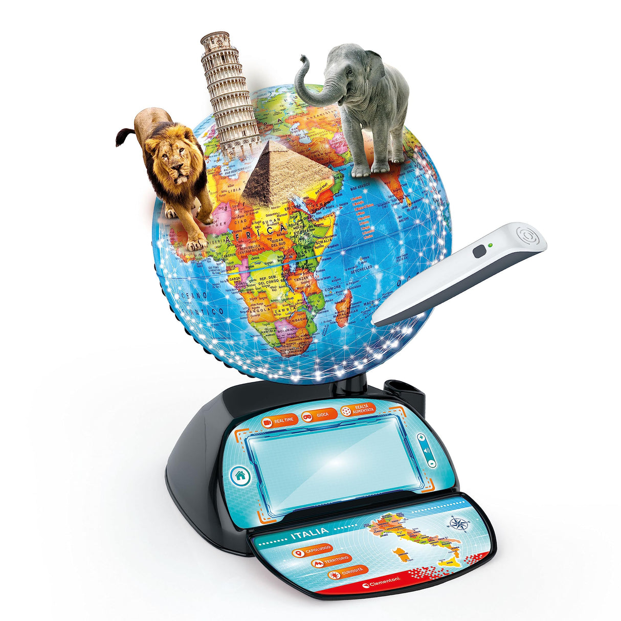Clementoni Sapientino Più – Globo interactivo parlante, globo educativo con bolígrafo Bluetooth y aplicación, para niños de 6 años, 16446