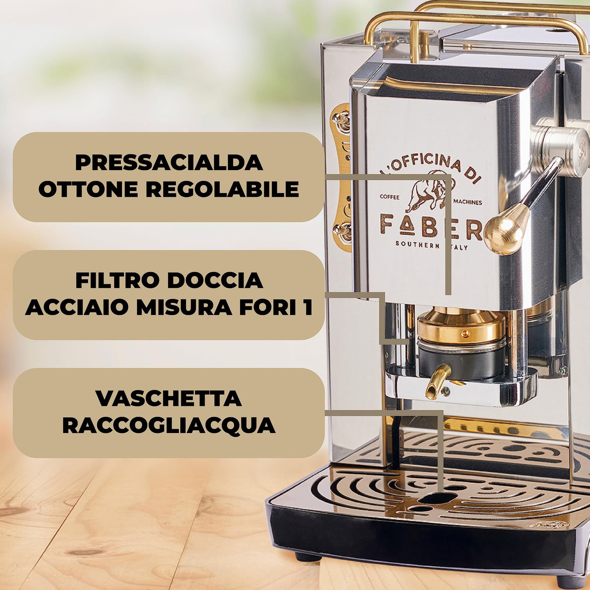 FABER COFFEE MACHINES | Modelo Pro Total Inox Deluxe | Cafetera monodosis ese 44 mm | Prensacialda de latón ajustable | electroválvula de serie (LATÓN)